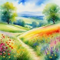Watercolor painting of lush blooming summer meadow with colorful Beautiful artistic image for art background Royalty Free Stock Photo