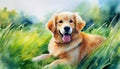Watercolor painting, majestic and energetic golden retriever sits in a picturesque clearing decorated with bright and Royalty Free Stock Photo