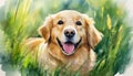 Watercolor painting, majestic and energetic golden retriever sits in a picturesque clearing decorated with bright and