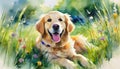 Watercolor painting, majestic and energetic golden retriever sits in a picturesque clearing decorated with bright and Royalty Free Stock Photo