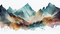Watercolor painting of majestic mountain peaks with an ethereal view of wispy clouds in the sky