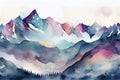 Watercolor painting of majestic mountain peaks with an ethereal view of wispy clouds in the sky