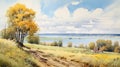 Watercolor Painting Of Majestic Summer Landscape With Field And Lake
