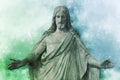 Watercolor painting of medieval church Statue of Jesus Christ with hands outstretched Royalty Free Stock Photo