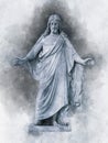 Watercolor painting of medieval church Statue of Jesus Christ with hands outstretched Royalty Free Stock Photo