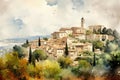 Watercolor painting of the medieval village of San Gimignano, Italy, Saint Paul de Vence, AI Generated Royalty Free Stock Photo