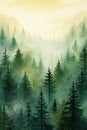 Watercolor painting of misty forest with coniferous trees. Vertical printable artwork Royalty Free Stock Photo