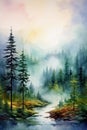 Watercolor painting of a misty forest with a river and pine trees. Printable artwork Royalty Free Stock Photo