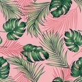 Watercolor painting monstera,coconut leaves seamless pattern with shadow on pink background.Watercolor llustration palm,pink leaf,