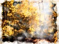 Watercolor painting of morning sun shining though a clearing in autumn forest with sunlight shining on bright autumn woodland