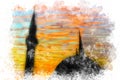 Watercolor painting of mosque. Silhouette of a mosque at sunset in Istanbul. Istanbul landscape watercolor art. Royalty Free Stock Photo