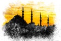 Watercolor painting of mosque. Silhouette of a mosque at sunset in Istanbul. Istanbul landscape watercolor art Royalty Free Stock Photo