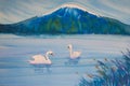 Watercolor painting of mount fuji and two swans