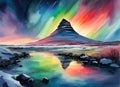 The Kirkjufell with aurora borealis