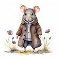 Watercolor painting of a mouse standing in a winter coat surroun Royalty Free Stock Photo