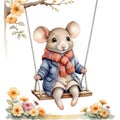 Watercolor painting of a mouse wearing a jacket and scarf, sitti