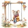 Watercolor painting of a mouse wearing a jacket and scarf, sitti