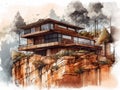 Watercolor painting of a multi-story bungalow house on the side of a steep hillside and on the edge of a forest.