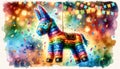 A watercolor painting multicolored pinata the festive spirit of a against a backdrop of confetti. Royalty Free Stock Photo