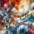 Watercolor painting of music notes and treble staff on abstract background