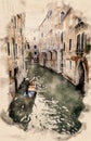 Watercolor painting of narrow canal in Venice, Italy, with gondola and old houses Royalty Free Stock Photo