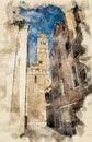 Watercolor painting of narrow street i Venice, Italy,  with view to the San Maurizio church Royalty Free Stock Photo