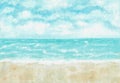 Watercolor painting nature background of blue sea water, sky with clouds and beach sand concept..