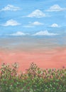 Watercolor painting nature background of blue sky with cloud and flower garden on paper. Landscape. Royalty Free Stock Photo