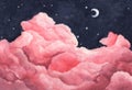 Watercolor painting of night sky with crescent moon and shining stars Royalty Free Stock Photo