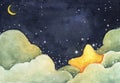 Watercolor painting of night sky with crescent moon and shining stars Royalty Free Stock Photo