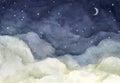 Watercolor painting of night sky with crescent moon and shining stars Royalty Free Stock Photo