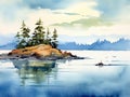 watercolor painting of ocean view with distant islands