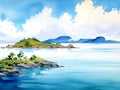 watercolor painting of ocean view with distant islands