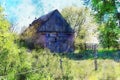 Watercolor painting of old barn at Havelland region in Germany. Springtime. fresh green on bush and tree Royalty Free Stock Photo