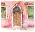 Watercolor painting of old facade of the house with door and windows