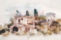 Watercolor painting of an old house in Tuscany, Italy