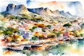 Watercolor painting of the old town of Tivat, Montenegro