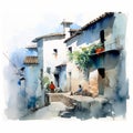 Watercolor Painting Of Old Village By Miguel Aznar Royalty Free Stock Photo