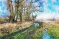 Watercolor painting of old Willow tree on Havel river in Havelland Germany. Autumn time Royalty Free Stock Photo