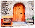 Watercolor painting of an old wooden door in Spain with a bench Royalty Free Stock Photo