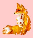 Watercolor painting of orange young fox sitting and looking something, drawn by hand and isolated on pink background, wildlife art Royalty Free Stock Photo