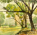 Watercolor painting original landscape colorful of big tree and field Royalty Free Stock Photo