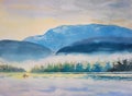Watercolor painting original landscape colorful of boating morning