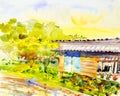 Watercolor painting original landscape colorful of the riversi Royalty Free Stock Photo