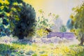 Watercolor painting original landscape colorful of sunrise with