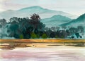 Watercolor painting original landscape colorful of trees meadow Royalty Free Stock Photo