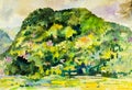 Watercolor painting original landscape colorful of village hill