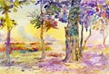 Watercolor painting original landscape of garden flowers