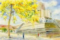 Watercolor painting original landscape of golden shower tree flower Royalty Free Stock Photo