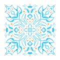 Watercolor painting ornamental square motif. Blue pastel decorative design element, isolated texture art on white background